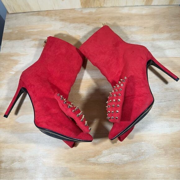 Red Suede Studded Bow Ankle Boots Women’s Size 10 - Picture 3 of 7